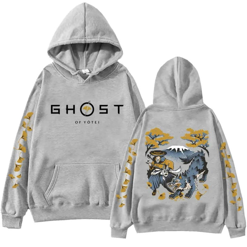 Ghost of Yotei Gray Hoodie – Atsu, Wolf & Mount Yotei
